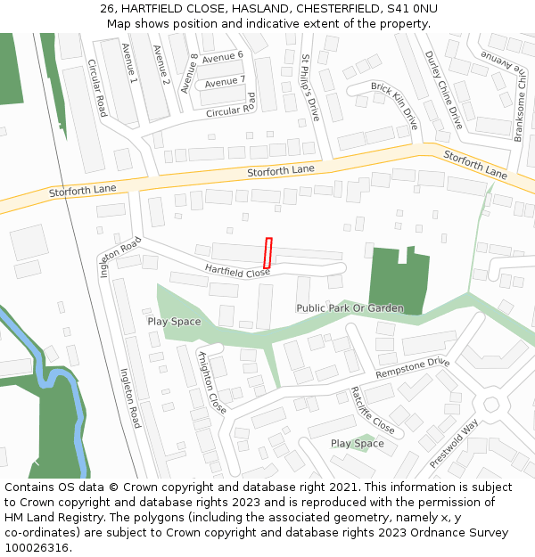 26, HARTFIELD CLOSE, HASLAND, CHESTERFIELD, S41 0NU: Location map and indicative extent of plot
