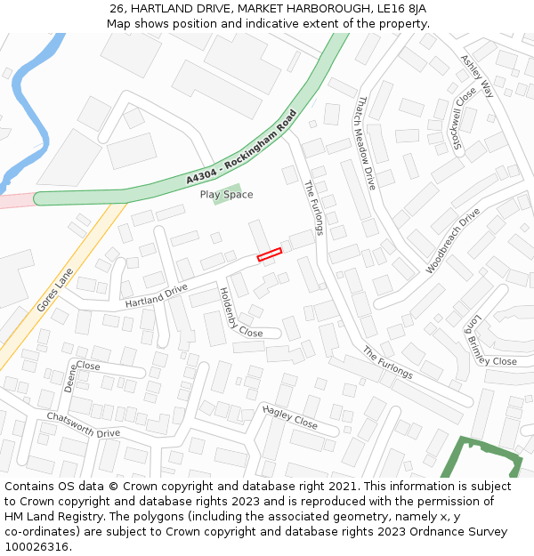 26, HARTLAND DRIVE, MARKET HARBOROUGH, LE16 8JA: Location map and indicative extent of plot