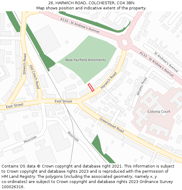 26, HARWICH ROAD, COLCHESTER, CO4 3BN: Location map and indicative extent of plot