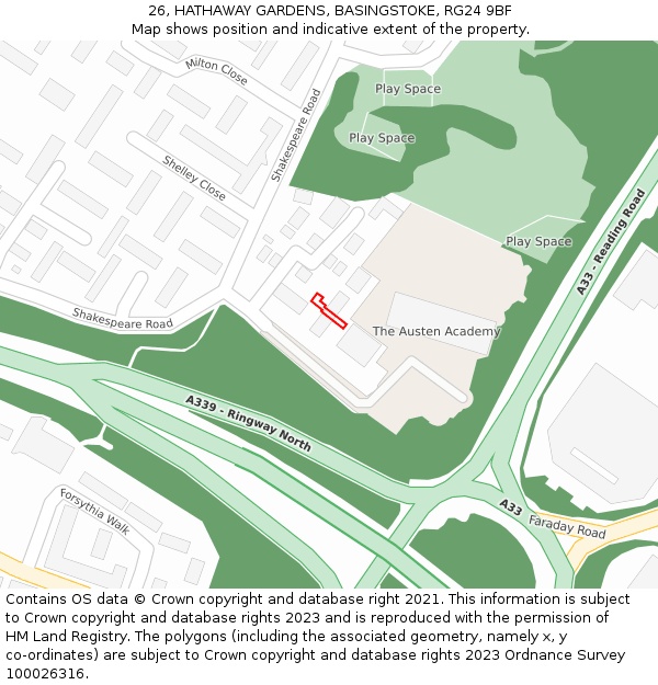 26, HATHAWAY GARDENS, BASINGSTOKE, RG24 9BF: Location map and indicative extent of plot