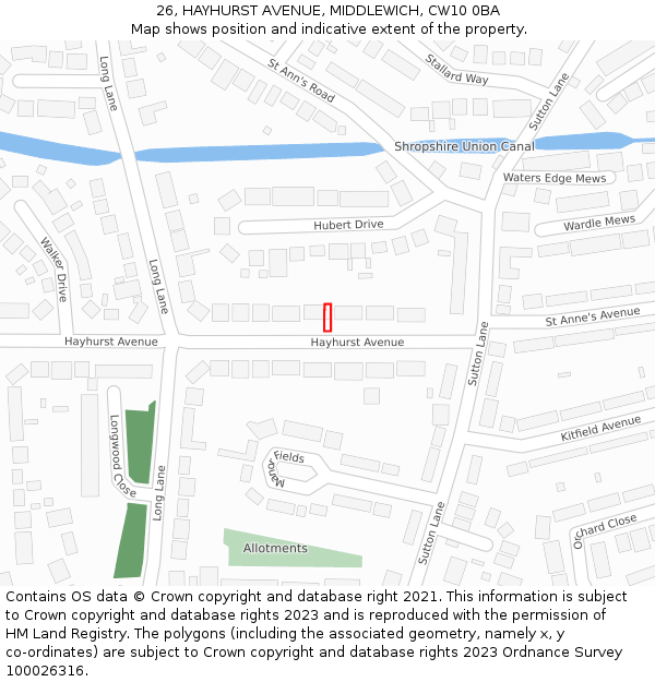 26, HAYHURST AVENUE, MIDDLEWICH, CW10 0BA: Location map and indicative extent of plot