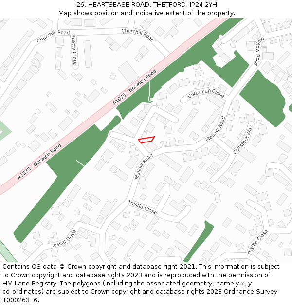 26, HEARTSEASE ROAD, THETFORD, IP24 2YH: Location map and indicative extent of plot