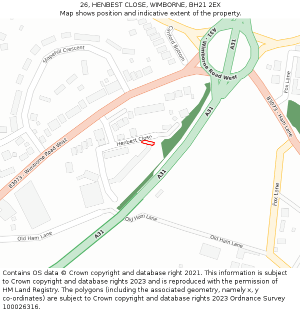 26, HENBEST CLOSE, WIMBORNE, BH21 2EX: Location map and indicative extent of plot