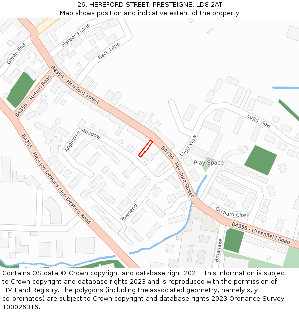 26, HEREFORD STREET, PRESTEIGNE, LD8 2AT: Location map and indicative extent of plot