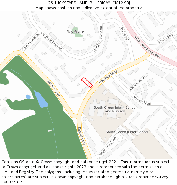 26, HICKSTARS LANE, BILLERICAY, CM12 9RJ: Location map and indicative extent of plot