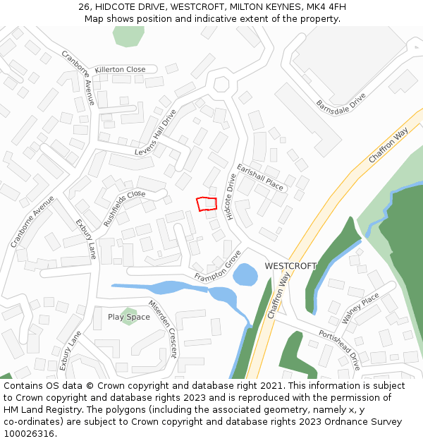 26, HIDCOTE DRIVE, WESTCROFT, MILTON KEYNES, MK4 4FH: Location map and indicative extent of plot