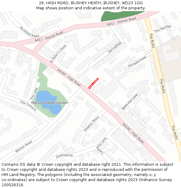 26, HIGH ROAD, BUSHEY HEATH, BUSHEY, WD23 1GG: Location map and indicative extent of plot