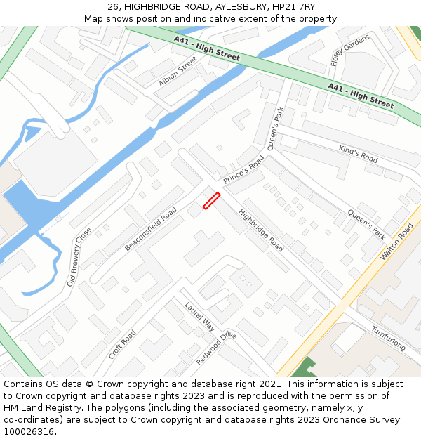 26, HIGHBRIDGE ROAD, AYLESBURY, HP21 7RY: Location map and indicative extent of plot