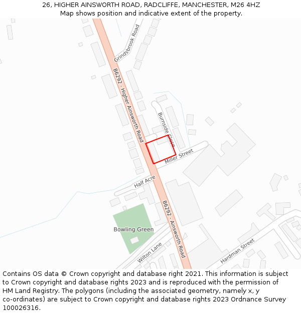 26, HIGHER AINSWORTH ROAD, RADCLIFFE, MANCHESTER, M26 4HZ: Location map and indicative extent of plot