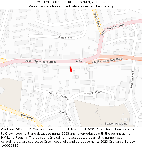 26, HIGHER BORE STREET, BODMIN, PL31 1JW: Location map and indicative extent of plot
