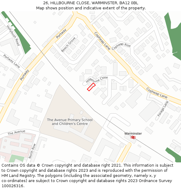 26, HILLBOURNE CLOSE, WARMINSTER, BA12 0BL: Location map and indicative extent of plot