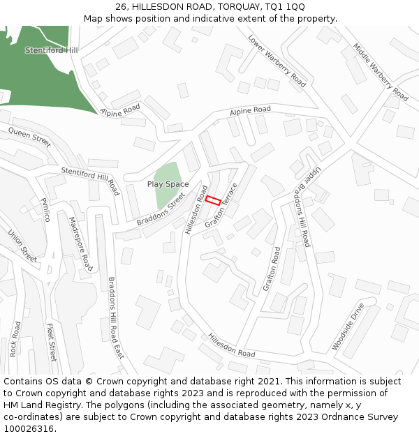 26, HILLESDON ROAD, TORQUAY, TQ1 1QQ: Location map and indicative extent of plot