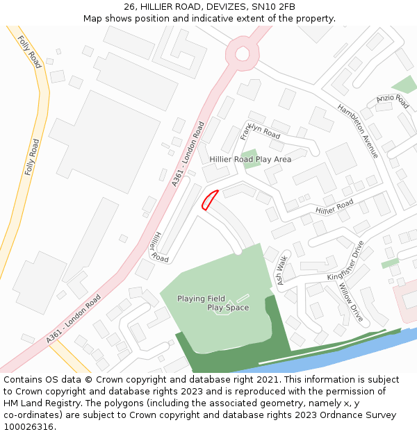 26, HILLIER ROAD, DEVIZES, SN10 2FB: Location map and indicative extent of plot