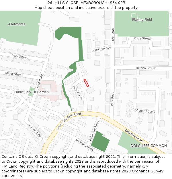 26, HILLS CLOSE, MEXBOROUGH, S64 9PB: Location map and indicative extent of plot