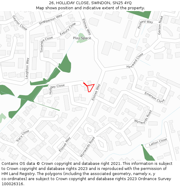 26, HOLLIDAY CLOSE, SWINDON, SN25 4YQ: Location map and indicative extent of plot