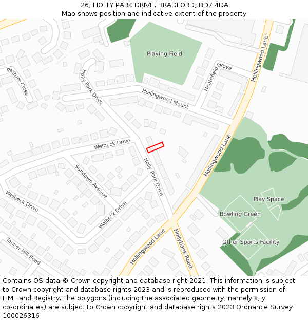 26, HOLLY PARK DRIVE, BRADFORD, BD7 4DA: Location map and indicative extent of plot