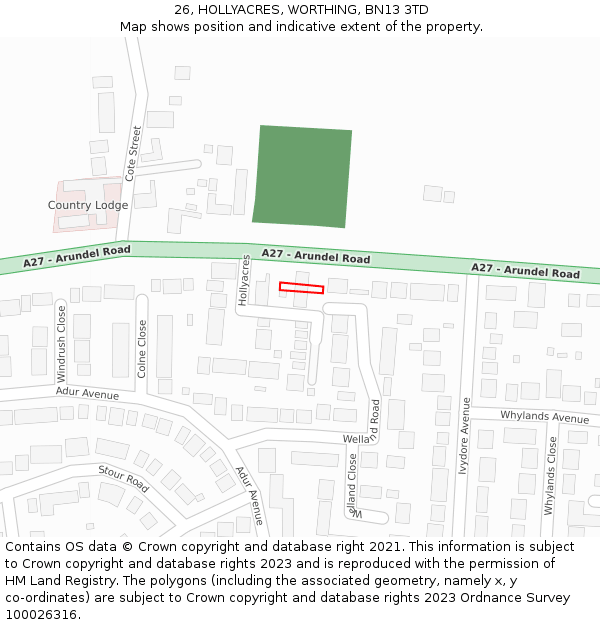 26, HOLLYACRES, WORTHING, BN13 3TD: Location map and indicative extent of plot
