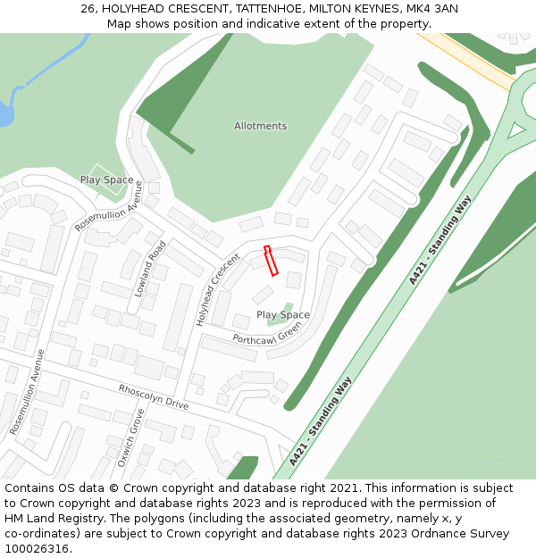 26, HOLYHEAD CRESCENT, TATTENHOE, MILTON KEYNES, MK4 3AN: Location map and indicative extent of plot