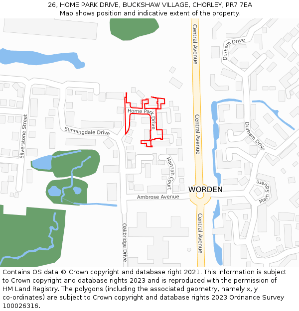 26, HOME PARK DRIVE, BUCKSHAW VILLAGE, CHORLEY, PR7 7EA: Location map and indicative extent of plot