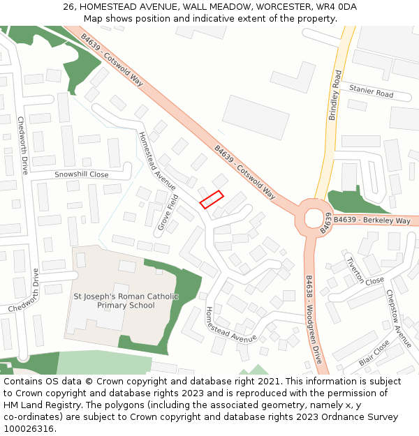 26, HOMESTEAD AVENUE, WALL MEADOW, WORCESTER, WR4 0DA: Location map and indicative extent of plot