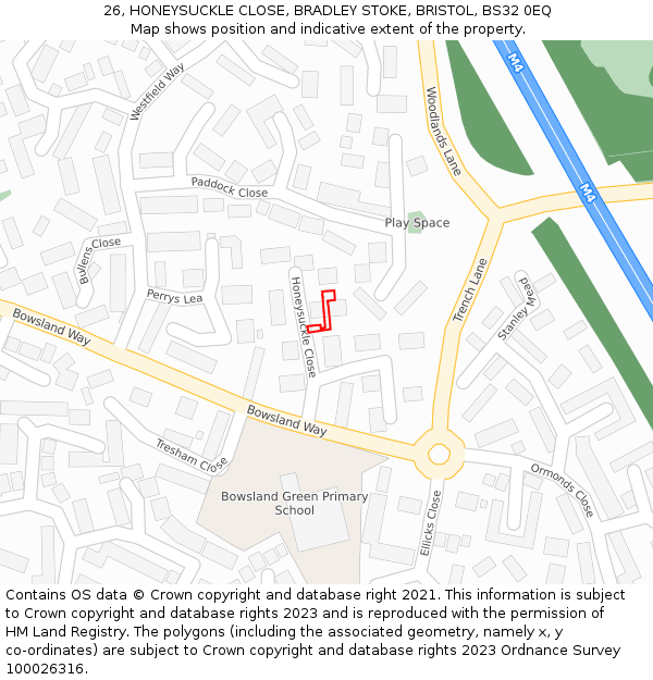 26, HONEYSUCKLE CLOSE, BRADLEY STOKE, BRISTOL, BS32 0EQ: Location map and indicative extent of plot