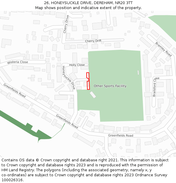 26, HONEYSUCKLE DRIVE, DEREHAM, NR20 3TT: Location map and indicative extent of plot
