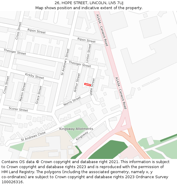 26, HOPE STREET, LINCOLN, LN5 7UJ: Location map and indicative extent of plot