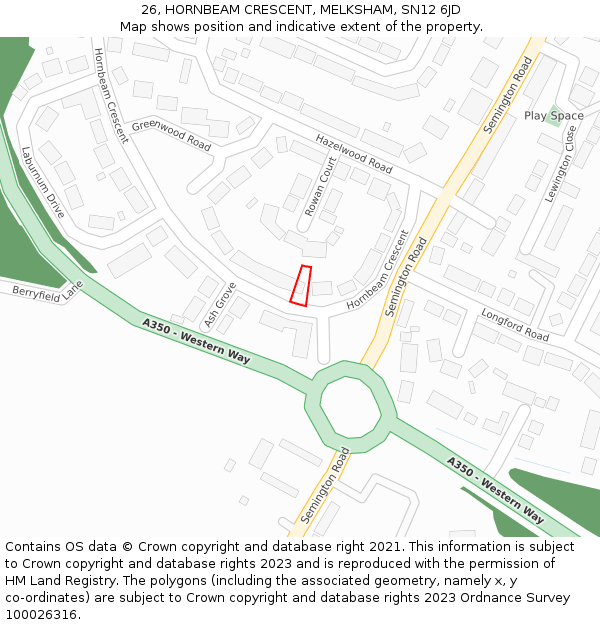 26, HORNBEAM CRESCENT, MELKSHAM, SN12 6JD: Location map and indicative extent of plot