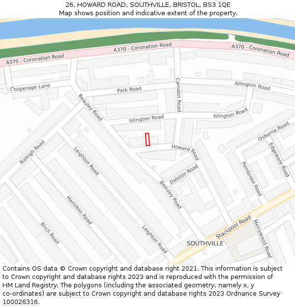 26, HOWARD ROAD, SOUTHVILLE, BRISTOL, BS3 1QE: Location map and indicative extent of plot