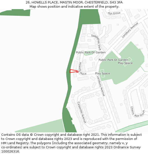 26, HOWELLS PLACE, MASTIN MOOR, CHESTERFIELD, S43 3FA: Location map and indicative extent of plot