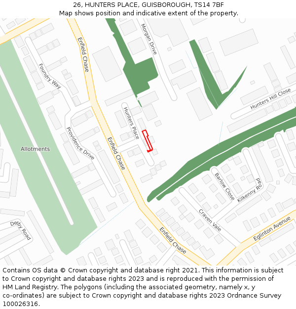 26, HUNTERS PLACE, GUISBOROUGH, TS14 7BF: Location map and indicative extent of plot