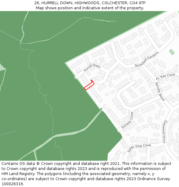 26, HURRELL DOWN, HIGHWOODS, COLCHESTER, CO4 9TP: Location map and indicative extent of plot