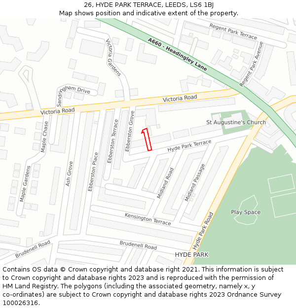 26, HYDE PARK TERRACE, LEEDS, LS6 1BJ: Location map and indicative extent of plot