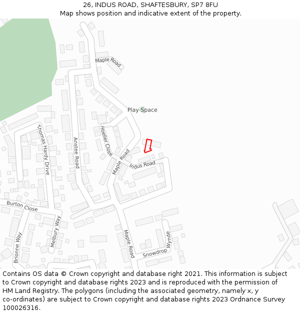 26, INDUS ROAD, SHAFTESBURY, SP7 8FU: Location map and indicative extent of plot