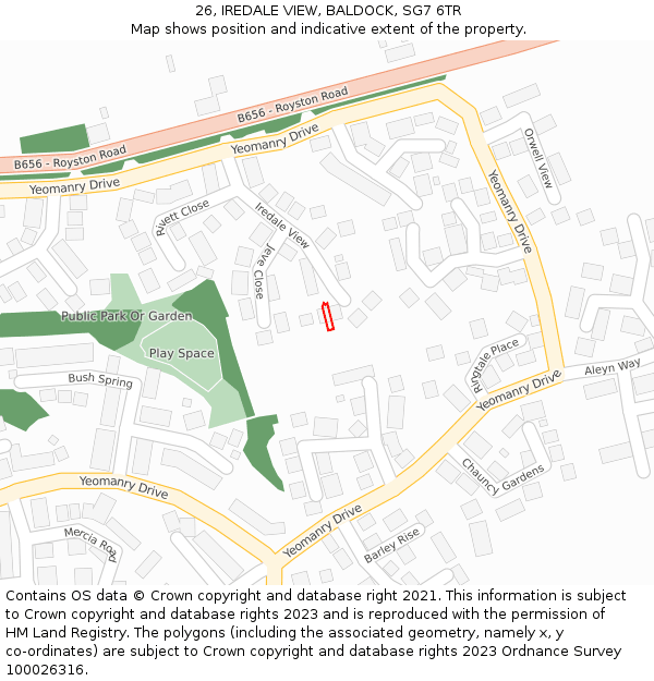 26, IREDALE VIEW, BALDOCK, SG7 6TR: Location map and indicative extent of plot