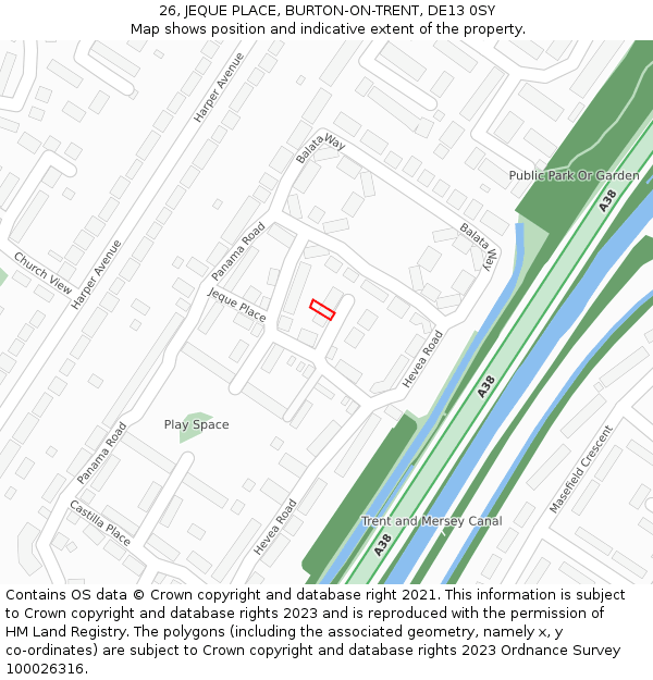 26, JEQUE PLACE, BURTON-ON-TRENT, DE13 0SY: Location map and indicative extent of plot