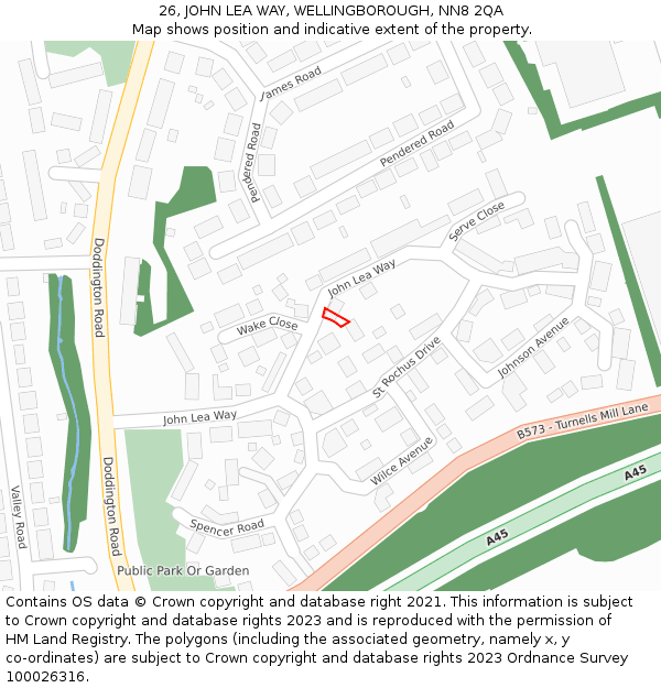 26, JOHN LEA WAY, WELLINGBOROUGH, NN8 2QA: Location map and indicative extent of plot