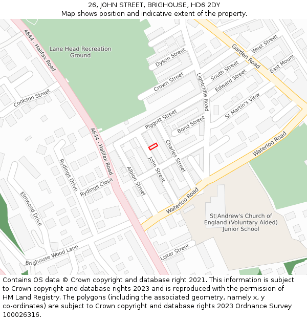 26, JOHN STREET, BRIGHOUSE, HD6 2DY: Location map and indicative extent of plot