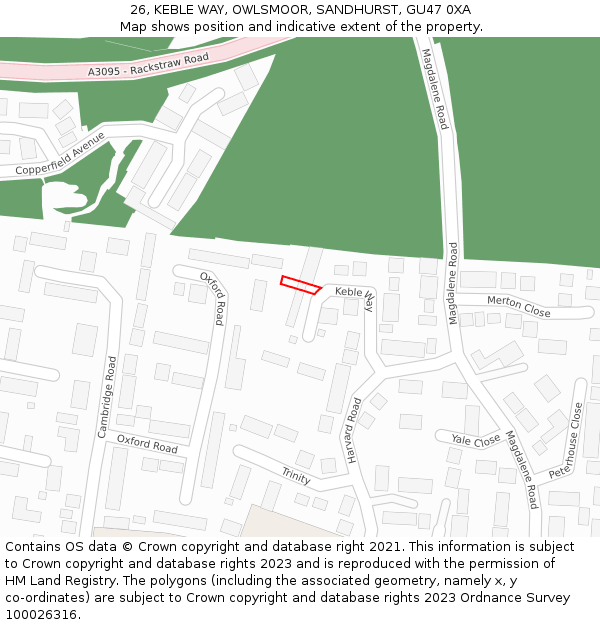 26, KEBLE WAY, OWLSMOOR, SANDHURST, GU47 0XA: Location map and indicative extent of plot
