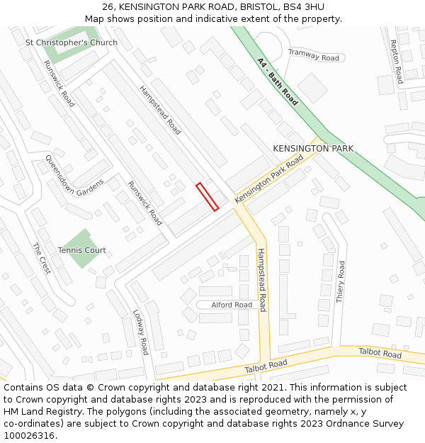 26, KENSINGTON PARK ROAD, BRISTOL, BS4 3HU: Location map and indicative extent of plot