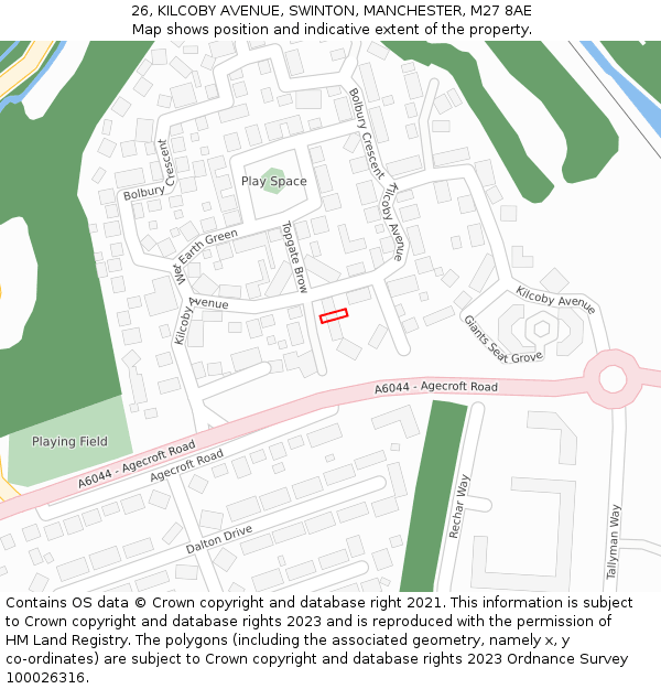 26, KILCOBY AVENUE, SWINTON, MANCHESTER, M27 8AE: Location map and indicative extent of plot