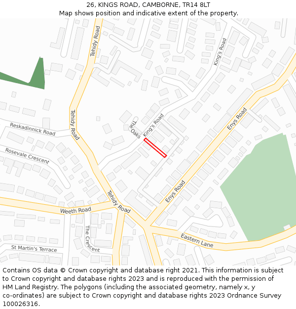 26, KINGS ROAD, CAMBORNE, TR14 8LT: Location map and indicative extent of plot