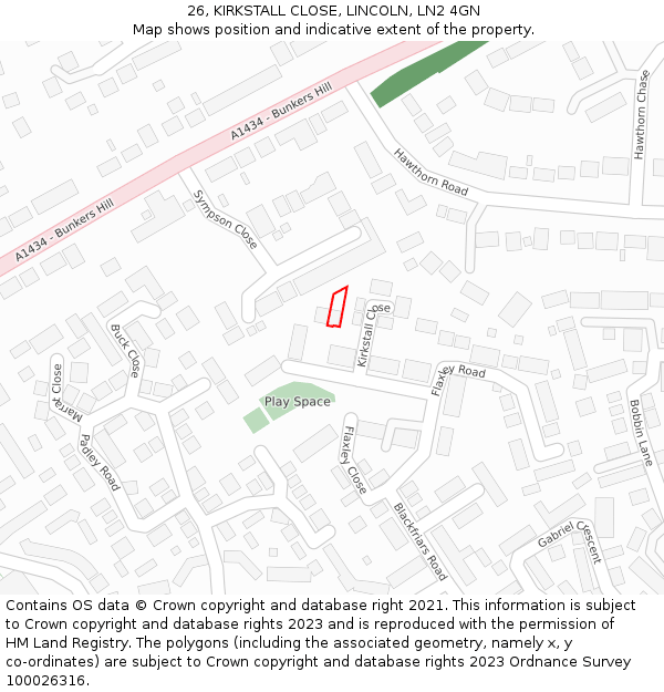 26, KIRKSTALL CLOSE, LINCOLN, LN2 4GN: Location map and indicative extent of plot