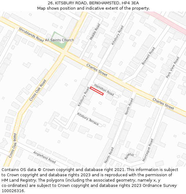 26, KITSBURY ROAD, BERKHAMSTED, HP4 3EA: Location map and indicative extent of plot