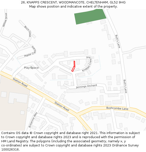 26, KNAPPS CRESCENT, WOODMANCOTE, CHELTENHAM, GL52 9HG: Location map and indicative extent of plot