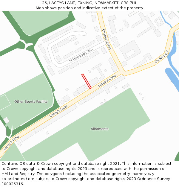 26, LACEYS LANE, EXNING, NEWMARKET, CB8 7HL: Location map and indicative extent of plot