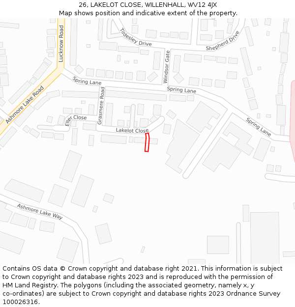 26, LAKELOT CLOSE, WILLENHALL, WV12 4JX: Location map and indicative extent of plot