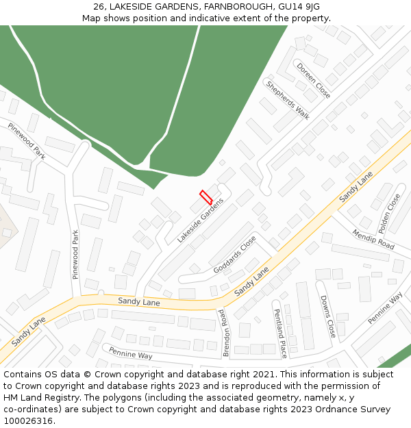 26, LAKESIDE GARDENS, FARNBOROUGH, GU14 9JG: Location map and indicative extent of plot
