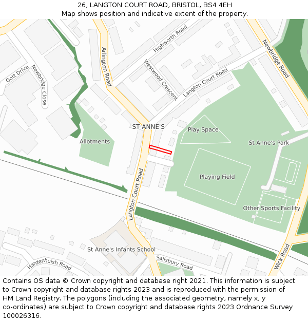 26, LANGTON COURT ROAD, BRISTOL, BS4 4EH: Location map and indicative extent of plot