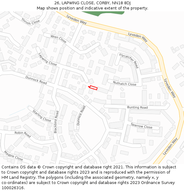 26, LAPWING CLOSE, CORBY, NN18 8DJ: Location map and indicative extent of plot